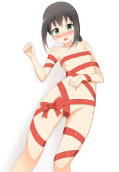 Rule 34 | 10s, 1girl, blush, brown hair, flat chest, fubuki (kancolle), gluteal fold, green eyes, highres, kantai collection, naked ribbon, navel, nedia (nedia region), ribbon, small breasts, solo, swimsuit, white background, zui zui dance