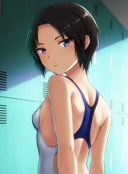Rule 34 | 1girl, back cutout, bare shoulders, black hair, blue eyes, breasts, closed mouth, clothing cutout, commentary request, competition swimsuit, expressionless, forehead, from side, hashi, indoors, locker, locker room, looking at viewer, looking to the side, one-piece swimsuit, original, short hair, sideboob, small breasts, solo, swimsuit, upper body