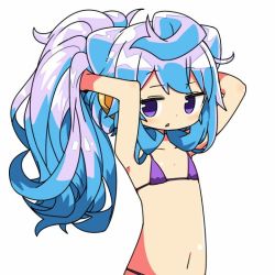 Rule 34 | 10s, 1boy, armpits, arms up, bikini, blue hair, commentary request, hacka doll, hacka doll 3, jpeg artifacts, kanikama, long hair, looking at viewer, male focus, navel, purple eyes, simple background, solo, stomach, swimsuit, trap, wavy hair, white background
