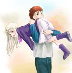 Rule 34 | 00s, 1boy, 1girl, boots, brother and sister, emiya shirou, fate/stay night, fate (series), illyasviel von einzbern, purple footwear, red eyes, red hair, siblings, skirt, white hair