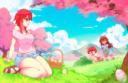 Rule 34 | 1boy, 2girls, :d, ^ ^, bare shoulders, basket, blue dress, blue sky, breasts, brown hair, bush, cherry blossoms, child, closed eyes, cloud, commentary, commission, day, dress, easter egg, eba rin, egg, english commentary, closed eyes, grass, green eyes, kimi no iru machi, looking away, medium hair, mountain, mountainous horizon, multiple girls, nature, open mouth, outdoors, petals, pink shirt, profile, red eyes, red hair, rtil, shirt, short shorts, shorts, sitting, sky, smile, tree