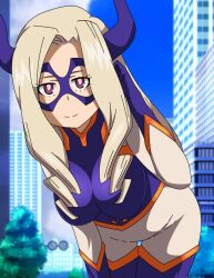 Rule 34 | 1girl, bent over, blonde hair, bodysuit, boku no hero academia, breasts, building, carlos daniel, domino mask, eye mask, giant, gloves, hand on own leg, horns, large breasts, long hair, mask, mount lady, multicolored bodysuit, multicolored clothes, purple eyes, purple horns, purple mask, skin tight, solo, superhero costume, thighhighs