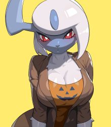 Rule 34 | 1girl, absol, animal nose, asymmetrical hair, blush, body fur, breasts, bright pupils, brown jacket, cleavage, closed mouth, colored skin, creatures (company), drunkoak, female focus, furry, furry female, game freak, gen 3 pokemon, grey horns, grey skin, highres, horns, jack-o&#039;-lantern print, jacket, large breasts, light blush, looking at viewer, nintendo, open clothes, open jacket, orange shirt, personification, pokemon, pokemon (creature), red eyes, shiny skin, shirt, short hair, short sleeves, sidelocks, simple background, single horn, solo, upper body, white fur, white hair, white pupils, yellow background