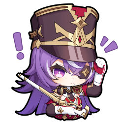 Rule 34 | !, 1girl, black hat, boots, cavcaz, chevreuse (genshin impact), chibi, closed mouth, cropped torso, earmuffs, earmuffs around neck, eyepatch, full body, genshin impact, gloves, gun, hair between eyes, hat, holding, holding weapon, long hair, long sleeves, looking at viewer, mole, mole under mouth, multicolored hair, necktie, notice lines, purple eyes, purple hair, rifle, shako cap, simple background, sitting, solo, streaked hair, upper body, weapon, white background, white gloves, white hair
