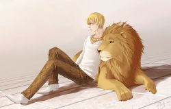 Rule 34 | 1boy, bad id, bad pixiv id, blonde hair, bracelet, casual, fate/zero, fate (series), gilgamesh (fate), jewelry, lion, male focus, necklace, official alternate costume, red eyes, riense, solo, v-neck