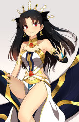 Rule 34 | 1girl, :d, armlet, artist request, asymmetrical legwear, bare arms, bare legs, bare shoulders, black gloves, black hair, black thighhighs, blush, breasts, bridal gauntlets, crown, earrings, elbow gloves, fate/grand order, fate (series), female focus, gem, gloves, highres, hip vent, hoop earrings, ishtar (fate), jewelry, knee up, legs, long hair, looking at viewer, medium breasts, naughty face, neck, neck ring, open mouth, pelvic curtain, red eyes, revealing clothes, single elbow glove, single glove, single thighhigh, sitting, smile, solo, strapless, thighhighs, thighlet, tohsaka rin, two side up, type-moon, uneven legwear