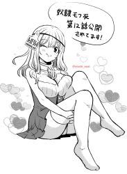 Rule 34 | 1girl, ;), bare shoulders, breasts, cleavage, closed mouth, collar, collarbone, commentary request, dress, greyscale, heart, heart background, highres, hugging own legs, knees up, large breasts, long hair, looking at viewer, metal collar, monochrome, no shoes, noai nioshi, one eye closed, original, panties, simple background, sitting, smile, solo, strapless, strapless dress, thighhighs, translation request, twitter username, underwear, white background