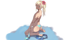 Rule 34 | 1girl, ass, ayakumo, bare legs, barefoot, bikini, unworn bikini top, blonde hair, blue eyes, blue shorts, blush, bow, denim, denim shorts, flat chest, flower, grecale (kancolle), hair between eyes, hair bow, hair flower, hair ornament, highres, kantai collection, long hair, negative space, one side up, parted lips, pink bow, pink flower, shorts, unworn shorts, solo, swimsuit, toes, topless, wallpaper, white background