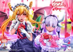 Rule 34 | 10s, 2girls, :d, :o, artist name, beads, black bow, black hairband, blonde hair, blue eyes, blunt bangs, blush, bow, box, capelet, character doll, commentary, dragon girl, dragon horns, dragon tail, dragon wings, dress, gift, gift box, gloves, hair beads, hair bow, hair ornament, hairband, hand on own cheek, hand on own face, happy valentine, heart, heart-shaped box, holding, holding gift, horns, indoors, javier estrada, kanna kamui, kobayashi-san chi no maidragon, kobayashi (maidragon), long hair, long sleeves, looking at viewer, maid, maid headdress, multiple girls, necktie, open mouth, parted lips, ponytail, red eyes, red necktie, short sleeves, silver hair, slit pupils, smile, tail, tohru (maidragon), twintails, valentine, white gloves, white legwear, wings