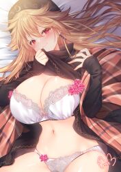 Rule 34 | 1girl, alternate costume, bed sheet, blonde hair, blush, bra, breasts, cleavage, clothes lift, commentary request, commission, drop.b, hat, highres, junko (touhou), lace, lace-trimmed bra, lace panties, lace trim, large breasts, lifted by self, long hair, long sleeves, looking at viewer, lying, navel, on back, panties, red eyes, signature, skeb commission, sleeves past wrists, smile, solo, touhou, turtleneck, underwear, upper body, white bra, white panties