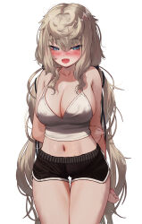 Rule 34 | 1girl, arms behind back, black shorts, blue eyes, blush, breasts, brown hair, cleavage, cowboy shot, dolphin shorts, highres, large breasts, long hair, looking at viewer, midriff, mixed-language commentary, navel, open mouth, original, shorts, simple background, solo, tank top, thigh gap, torriet, very long hair, white background, white tank top