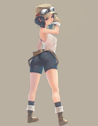 Rule 34 | 1girl, ass, bike shorts, biting, black eyes, black hair, boots, brown eyes, from behind, glove biting, gloves, goggles, halterneck, hat, looking back, mouth hold, original, pantylines, shorts, simple background, solo, standing, tank top, weno