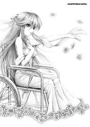 Rule 34 | 1girl, dress, flower, greyscale, hair ribbon, highres, long hair, monochrome, ribbon, sayori (neko works), sketch, solo, wheelchair