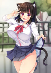 Rule 34 | 1girl, animal ears, asa no ha (awayuki), blush, breasts, brown hair, cat ears, clothes lift, fang, highres, huge breasts, open mouth, original, red eyes, school uniform, shirt, short hair, skirt, skirt lift, smile, solo, tail, taut clothes, taut shirt, v, v over eye
