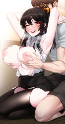 Rule 34 | 1boy, 1girl, absurdres, akchu, armpits, arms up, black hair, blush, grabbing another&#039;s breast, breasts, breasts day, brown hair, chobi (akchu), cleavage, deep skin, faceless, faceless male, garter straps, good breasts day, grabbing, grabbing from behind, hair between eyes, hetero, highres, large breasts, long hair, nipples, one eye closed, open clothes, open mouth, open shirt, orange eyes, original, parted lips, partially unbuttoned, pencil skirt, ponytail, shirt tucked in, sitting, skirt, smile, swimsuit, thighhighs, wariza, zettai ryouiki