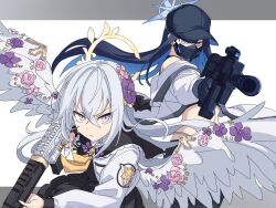 Rule 34 | 2girls, azusa (blue archive), baseball cap, black hair, black hat, blue archive, blue hair, closed mouth, crossed bangs, dress, feathered wings, flower, gloves, grey hair, gun, hair between eyes, halo, hat, highres, holding, holding gun, holding weapon, long hair, long sleeves, looking at viewer, mask, momomatang, mouth mask, multicolored hair, multiple girls, pink flower, purple flower, saori (blue archive), two-tone background, very long hair, weapon, white wings, wing ornament, wings