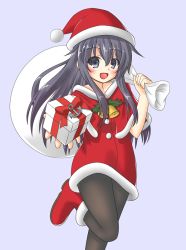Rule 34 | 1girl, :d, akatsuki (kancolle), anchor, bell, black hair, black pantyhose, blush, boots, box, capelet, christmas, commentary request, dress, fur-trimmed boots, fur-trimmed capelet, fur-trimmed dress, fur trim, gift, gift box, hair between eyes, hat, holding, holding gift, holding sack, holly, incoming gift, kantai collection, long hair, looking at viewer, open mouth, outstretched arm, pantyhose, purple background, red capelet, red dress, red footwear, sack, santa boots, santa costume, santa hat, simple background, smile, solo, standing, standing on one leg, very long hair