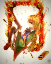 Rule 34 | 1girl, arm support, blonde hair, burning, crayon, doll, dress, fire, flower, full body, gradient background, highres, ib (kouri), looking afar, mary (ib), palette knife, petals, portrait (object), purple eyes, rose, runoan, sad, solo, spoilers, tears, thighhighs, yellow flower, yellow rose, zettai ryouiki