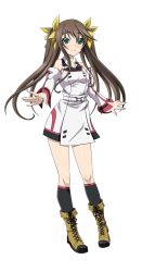 Rule 34 | 10s, 1girl, black socks, boots, brown hair, cross-laced footwear, detached sleeves, full body, green eyes, hair ribbon, highres, huang lingyin, infinite stratos, kneehighs, lace-up boots, long hair, looking at viewer, ribbon, smile, socks, solo, transparent background, twintails, yellow ribbon