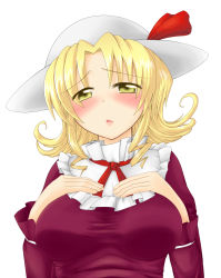 Rule 34 | 1girl, blonde hair, breasts, eitaisa, elly, hat, highres, huge breasts, large breasts, pixiv sample, resized, simple background, solo, touhou, upper body, white background