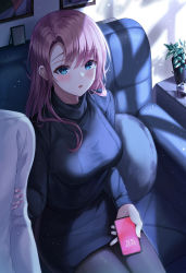Rule 34 | 1boy, 1girl, :o, black pantyhose, black sweater, blush, breasts, cellphone, dress, gongha, highres, holding, holding another&#039;s arm, holding phone, long sleeves, looking at viewer, medium breasts, nail polish, open mouth, original, out of frame, pantyhose, phone, pink hair, pink nails, plant, sitting, smartphone, solo focus, sweater, sweater dress