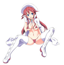 Rule 34 | 1girl, aty (summon night), bikini, blue eyes, boots, breasts, cameltoe, cape, covered erect nipples, cross-laced footwear, gloves, hat, highres, lace-up boots, long hair, medium breasts, micro bikini, navel, open mouth, ouhashi, red bikini, red hair, shiny skin, sitting, solo, summon night, swimsuit, thigh boots, thighhighs, white footwear, white thighhighs