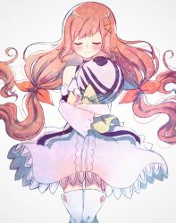 Rule 34 | 1girl, bare shoulders, black choker, chirithy, choker, closed eyes, closed mouth, detached sleeves, dress, floating hair, hair ornament, hair ribbon, hairclip, highres, kingdom hearts, kingdom hearts unchained x, long hair, long sleeves, low twintails, orange hair, orange ribbon, ribbon, smile, solo, strelitzia (kingdom hearts), tears, thighhighs, totoma, twintails, very long hair, white background, white dress, white thighhighs, x hair ornament