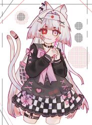 :3 animal_ears black_bow black_choker black_skirt blood blood_on_hands bloody_weapon bow bow_skirt boxcutter bright_pupils cat_ears cat_girl cat_tail checkered_clothes checkered_skirt chinese_commentary choker closed_mouth commentary_request cropped_legs cross-laced_clothes cross-laced_sleeves ear_bow gauze gauze_on_cheek hair_intakes hair_ornament headband heterochromia highres holding holding_boxcutter japanese_flag jirai_kei long_hair looking_at_viewer mismatched_pupils multicolored_hair multiple_tails neck_ribbon original pink_blood pink_bow pink_ribbon red_eyes red_hair red_pupils ribbon sailor_collar sailor_shirt shirt skirt tail tail_ornament tail_ring thigh_strap two-tone_hair two_tails weapon white_eyes white_hair white_headband white_pupils x_hair_ornament yezhupeiqi97664