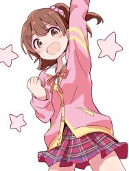 Rule 34 | 1girl, :d, arm up, blush, brown eyes, brown hair, cardigan, collared shirt, hair ornament, hairclip, idolmaster, idolmaster million live!, kasuga mirai, long sleeves, looking at viewer, neck ribbon, one side up, open mouth, pink cardigan, plaid, plaid skirt, pleated skirt, red ribbon, red skirt, ribbon, shirt, simple background, skirt, smile, solo, star (symbol), tadanoshi kabane, white background, white shirt