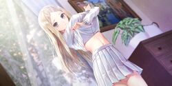 Rule 34 | 1girl, blonde hair, blue reflection (series), blue reflection sun, clothes lift, cowboy shot, curtains, drawer, expressionless, game cg, grey eyes, highres, indoors, kishida mel, lifting own clothes, long hair, long sleeves, looking at viewer, morisaki alesia yu, navel, non-web source, painting (object), parted bangs, plant, pleated skirt, potted plant, school uniform, shirt, shirt lift, skirt, solo, undressing, white shirt