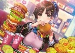Rule 34 | 1girl, :t, bacon, black hair, black jacket, blazer, blurry, blurry background, blush, breast rest, breasts, brown eyes, burger, cheese, cup, drink, drinking straw, dutch angle, eating, egg (food), fast food, food, french fries, fried egg, hair ornament, hair scrunchie, hairclip, hanekoto, holding, holding food, indoors, jacket, large breasts, long hair, long sleeves, looking at viewer, open clothes, open jacket, original, polka dot, ponytail, pov across table, restaurant, school uniform, scrunchie, short hair, short ponytail, sitting, solo, sweater, taut clothes, too many, tray, twitter username