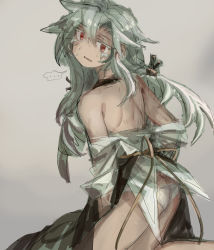 Rule 34 | ..., 1girl, apron, ari (shichigatsu), ass, back, bad id, bad pixiv id, bare back, bare shoulders, butt crack, clothes pull, colored eyelashes, eyelashes, from behind, green hair, grey background, head tilt, highres, kneeling, long hair, looking at viewer, looking back, open mouth, original, panties, red eyes, shichigatsu, shirt, shirt pull, simple background, solo, speech bubble, spoken ellipsis, sweatdrop, twintails, underwear, undressing, white panties