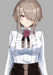 Rule 34 | 1girl, absurdres, black skirt, brown hair, closed mouth, flower, frilled shirt, frills, grey background, hair over one eye, highres, honkai (series), honkai impact 3rd, looking at viewer, mole, mole under eye, purple eyes, purple flower, purple rose, rita rossweisse, rita rossweisse (fallen rosemary), rose, shirt, short hair, simple background, skirt, smile, solo, tian kazuki, upper body, white shirt