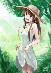 Rule 34 | 1girl, black eyes, blunt bangs, blush, bow, brown hair, brown hat, commentary request, cowboy shot, curtsey, dated, dress, grass, hat, hat bow, highres, hime cut, kajiji, long hair, looking at viewer, medium bangs, open mouth, orange bow, original, outdoors, sidelocks, signature, smile, solo, standing, straw hat, sundress, sunlight, tree, white dress