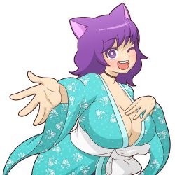 Rule 34 | 1girl, alternate breast size, animal ears, breasts, cat ears, cat girl, choker, floral print, indie virtual youtuber, japanese clothes, kimono, kirakirakat, large breasts, medium hair, mike inel, one eye closed, open mouth, outstretched hand, purple eyes, purple hair, round teeth, smile, solo, teeth, transparent background, upper body, virtual youtuber