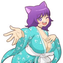 1girl alternate_breast_size animal_ears breasts cat_ears cat_girl choker floral_print indie_virtual_youtuber japanese_clothes kimono kirakirakat large_breasts medium_hair mike_inel one_eye_closed open_mouth outstretched_hand purple_eyes purple_hair round_teeth smile solo teeth transparent_background upper_body virtual_youtuber