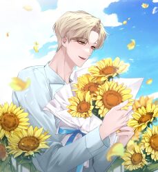 Rule 34 | 1boy, absurdres, blonde hair, blue shirt, blurry, bouquet, character request, chum jae, cloud, collared shirt, commentary request, day, debwi mos hamyeon jugneun byeong geollim, flower, highres, holding, holding bouquet, holding flower, korean commentary, long sleeves, male focus, open mouth, outdoors, parted bangs, petals, shirt, short hair, smile, solo, sunflower, upper body, yellow eyes, yellow flower