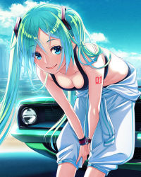 Rule 34 | 1girl, aqua hair, bad id, bad pixiv id, bare shoulders, bent over, black bra, black panties, blue eyes, blue sky, bra, breasts, car, cleavage, closed mouth, clothes around waist, cloud, collarbone, crop top, day, eyebrows, hair between eyes, hair ornament, hair over shoulder, hamada youho, hatsune miku, jumpsuit, leaning on object, lipstick, long hair, looking at viewer, makeup, medium breasts, midriff, motor vehicle, off shoulder, outdoors, panties, plymouth (brand), plymouth hemi cuda, shade, sky, sleeveless, smile, solo, sports bikini, sports bra, standing, tank top, tattoo, twintails, underwear, v arms, very long hair, vocaloid, watch, wristband, wristwatch