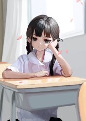 Rule 34 | 1girl, absurdres, black hair, braid, ch1ckpyo, cherry blossoms, closed mouth, collared shirt, curtains, desk, falling petals, frown, grey eyes, hand on own cheek, hand on own face, head rest, highres, indoors, long hair, looking at viewer, original, petals, school desk, shirt, short sleeves, sitting, solo, twin braids, twintails, white shirt, window