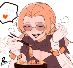 Rule 34 | 1girl, blonde hair, bowl, cleavage cutout, closed eyes, clothing cutout, earrings, eating, elbow gloves, florence (skullgirls), food, glasses, gloves, heart, highres, jewelry, noodles, open mouth, pow3776, ramen, semi-rimless eyewear, skullgirls, solo, speech bubble, star (symbol), star earrings, steam, sweat, white background