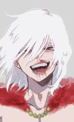 Rule 34 | 1boy, ametaro (ixxxzu), blood, blood on face, boku no hero academia, cape, highres, looking at viewer, male focus, nosebleed, open mouth, red cape, red eyes, scar, scar on face, shigaraki tomura, solo, teeth, white hair, wrinkled skin