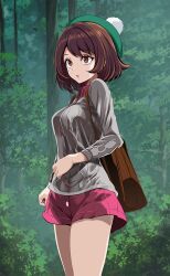 Rule 34 | 1girl, backpack, bag, bob cut, breasts, brown bag, brown eyes, brown hair, cable knit, cardigan, commentary, cowboy shot, creatures (company), dress, eyelashes, foliage, forest, game freak, gloria (pokemon), green hat, grey cardigan, hat, highres, impossible cardigan, looking ahead, medium breasts, nature, nintendo, outdoors, paid reward available, parted lips, pink dress, pokemon, pokemon swsh, pom pom (clothes), short dress, short hair, solo, standing, tam o&#039; shanter, toggles, tree, tsukishiro saika