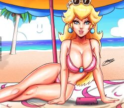 Rule 34 | 1girl, arm support, artist name, beach, bikini, blonde hair, blue eyes, breasts, cleavage, highres, large breasts, long hair, looking at viewer, mario (series), navel, nintendo, ocean, parted lips, pink bikini, pink lips, princess, princess peach, sitting, smile, sunglasses on head, super mario odyssey, swimsuit, thick thighs, thighs, water