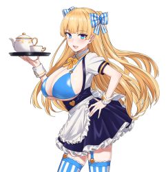 Rule 34 | 1girl, bikini, bikini top only, blonde hair, blue bikini, blunt bangs, blush, bow, bowtie, breasts, cleavage, cup, garter straps, hair bow, hair ornament, hand on own hip, heart, highres, holding, holding tray, huge breasts, lace trim, lina (michihasu), long hair, michihasu, multicolored eyes, multicolored nails, nail polish, original, sidelocks, simple background, skindentation, smile, solo, striped, swimsuit, teacup, teapot, thighhighs, tray, twintails, underboob, very long hair, white background, wrist cuffs, yellow bow, yellow bowtie