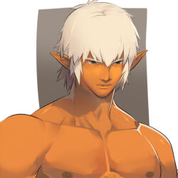 Rule 34 | 1boy, bara, broad shoulders, character request, dark-skinned male, dark skin, dungeon and fighter, expressionless, hair between eyes, male focus, medium hair, muscular, muscular male, nikism, nipples, nude, pectorals, pointy ears, sidelocks, solo, stomach, thick eyebrows, two-tone background, upper body, white hair