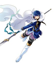 Rule 34 | 1boy, belt, blue eyes, blue hair, boots, cape, finn (fire emblem), fire emblem, fire emblem: genealogy of the holy war, fire emblem: thracia 776, full body, gloves, highres, itagaki hako, male focus, nintendo, official art, polearm, solo, spear, transparent background, weapon