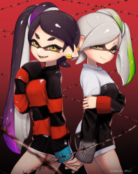 Rule 34 | 2girls, alternate costume, alternate hairstyle, back-to-back, barbed wire, black hair, callie (splatoon), closed mouth, cousins, earrings, fangs, female focus, gradient hair, green hair, holding hands, inkling, japanese clothes, jewelry, kimono, long sleeves, looking at viewer, marie (splatoon), mole, mole under eye, multicolored hair, multiple girls, nintendo, open mouth, ponytail, puchiman, purple hair, side ponytail, silver hair, sleeves past wrists, smile, splatoon (series), splatoon 1, sweater, symbol-shaped pupils, tentacle hair, two-tone hair