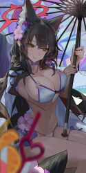 Rule 34 | 1girl, absurdres, animal ear fluff, animal ears, bikini, black hair, blue archive, blue bikini, blush, breasts, cleavage, closed mouth, flower, fox ears, fox tail, hair flower, hair ornament, halo, highres, holding, holding umbrella, large breasts, long hair, official alternate costume, parasol, pink flower, purple flower, red halo, renn 01, smile, solo, swimsuit, tail, umbrella, wakamo (blue archive), wakamo (swimsuit) (blue archive), yellow eyes
