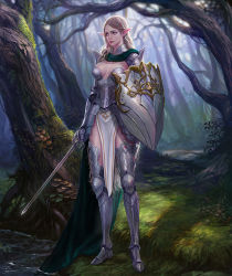 Rule 34 | 1girl, armor, armored boots, blonde hair, blue eyes, boots, braid, breasts, cape, cleavage, elf, forest, lips, long hair, mamara, nature, pointy ears, rapier, shield, solo, sword, tree, vambraces, weapon