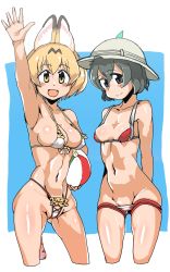 Rule 34 | 10s, 2girls, :d, adapted costume, animal ears, arm up, armpits, ball, bare shoulders, beachball, bikini, black eyes, black hair, blonde hair, blush, breasts, cameltoe, cleavage, closed mouth, collarbone, cowboy shot, cropped legs, eyes visible through hair, frilled bikini, frills, front-tie bikini top, front-tie top, groin, hair between eyes, hat feather, head tilt, higa norio, highres, holding, holding ball, kaban (kemono friends), kemono friends, legs apart, lowleg, lowleg bikini, medium breasts, micro bikini, midriff, multicolored hair, multiple girls, navel, open mouth, serval (kemono friends), serval print, serval tail, shiny skin, short hair, sideboob, simple background, skindentation, small breasts, smile, standing, swimsuit, tail, tongue, two-tone hair, white background, white bikini, yellow eyes